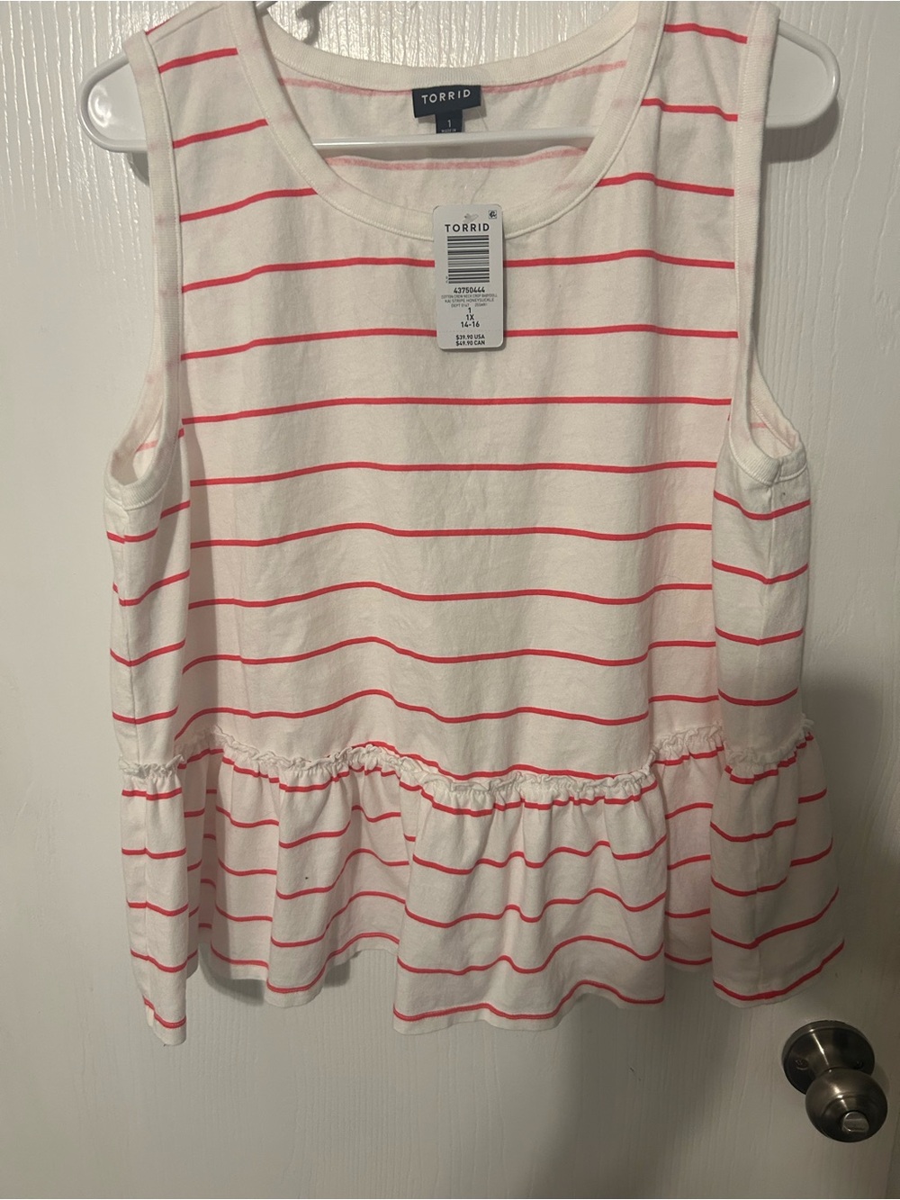 torrid White & Coral Pink Striped Cold-Shoulder Peplum Tank